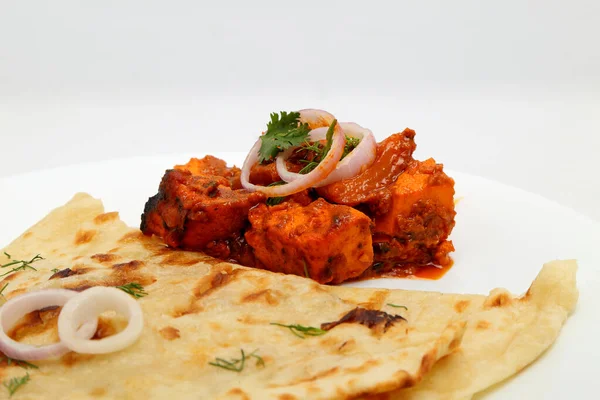 Indian Food Indian Curry Una Ciotola Rame Con Pane Roti — Foto Stock