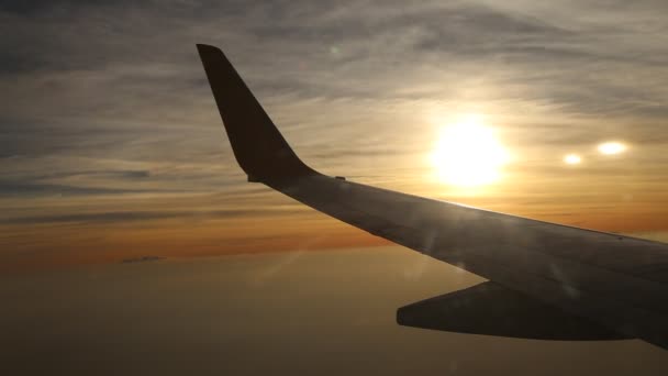 Blick Aus Dem Flugzeugfenster Bei Sonnenuntergang — Stockvideo