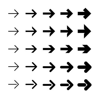 Düz oklar. Farklı kalınlıkta oklar. Vektör.