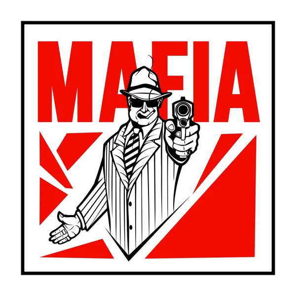 Silahlı Takım Elbiseli Şapkalı Bir Adam Mafya Sigaralı Gözlüklü Gangster — Stok Vektör
