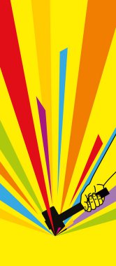 Çekiç darbesi. Sarı arka planda çok renkli kıvılcımlar uçuşuyor. Sağlam vuruş. Elinde bir balyozun vektör çizimi.