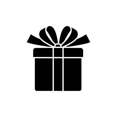 Hediye kutusu. Hediye ve doğum günü sembolü. Vektör hediye fotoğrafı. Şenlik kurdeleli bir kutu, yay. Siyah siluet.