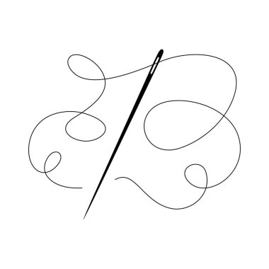 İğne ve iplik. Terzi logosu beyaz arka planda izole edilmiş. İğne işi vektör simgesi. Dikiş atölyesi resmi.