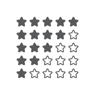 Derecelendirme yıldızları Müşteriler için beş yıldızlı ürün derecesi. Ağ için vektör kümesi. 1 'den 5' e kadar olan ürünler..