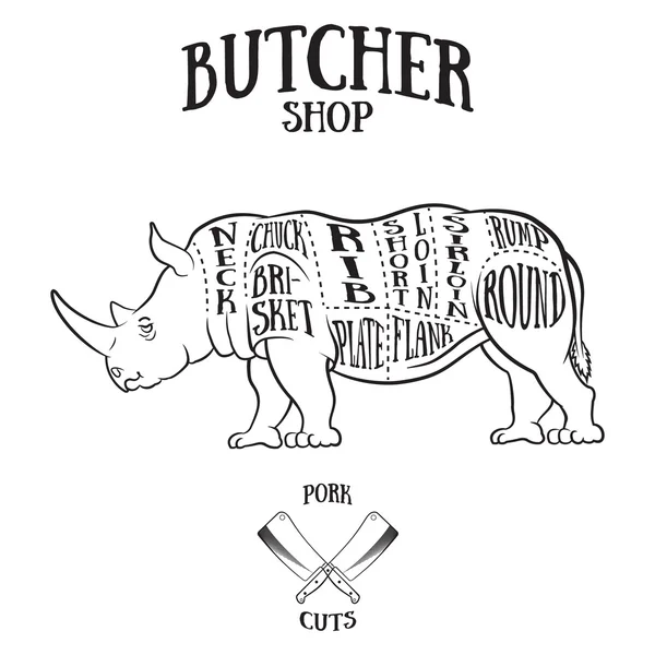 Butcher cuts scheme of rhinoceros — Stock vektor