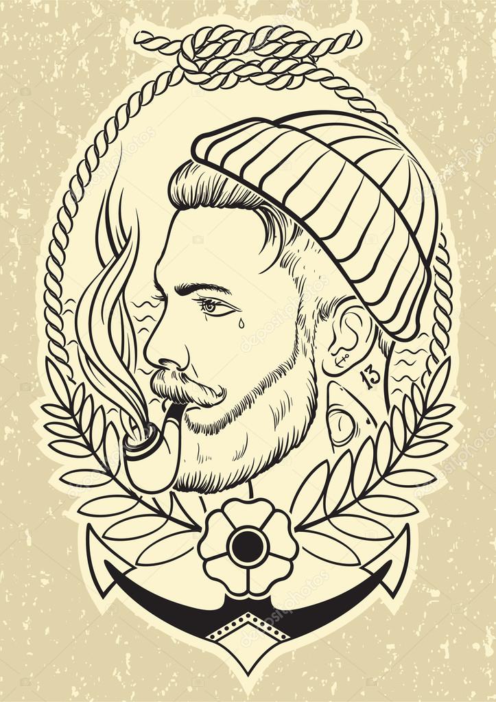 Hand drawn portrait of bearded and tattooed sailor with tobacco pipe.