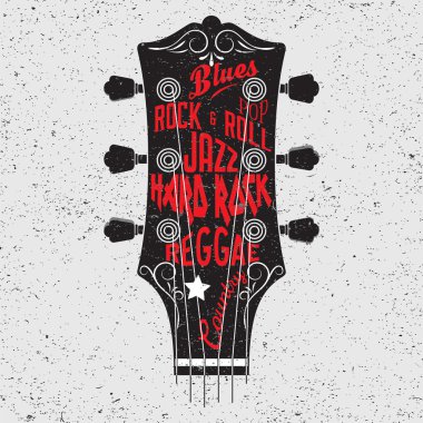 Elle çizilmiş çizim ile bir gitar baş ve yazı ile.