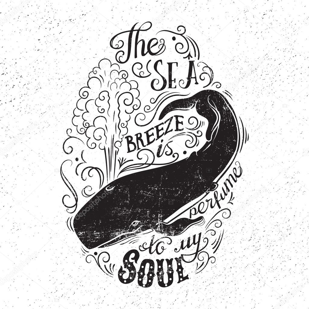Hand drawn illustration with with a whale and lettering.