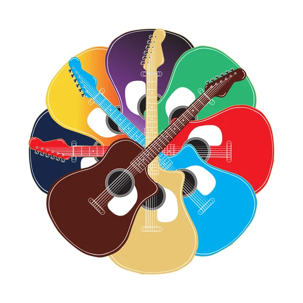 Conjunto de guitarras acústicas de colores están dispuestos en forma de espiral — Vector de stock
