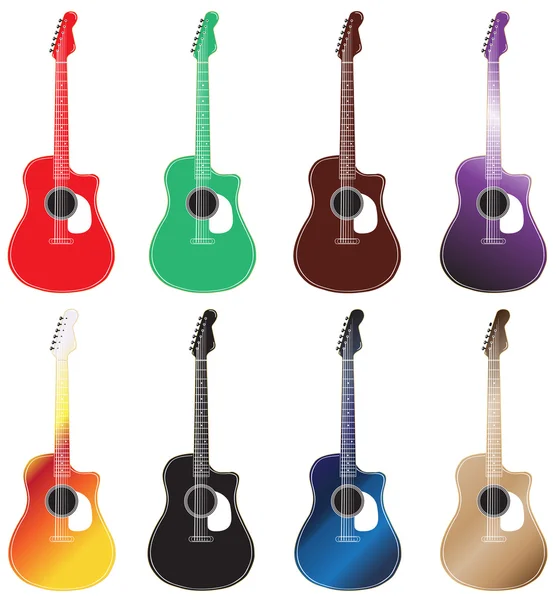 Set farbiger Akustikgitarren in 2 Reihen angeordnet — Stockvektor
