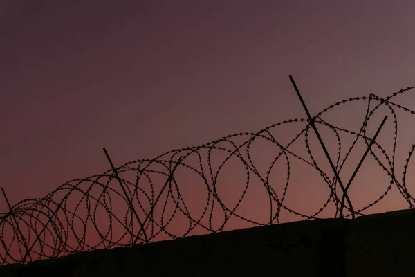 Mur de prison en fil barbelé. Coucher de soleil. panorama. — Photo