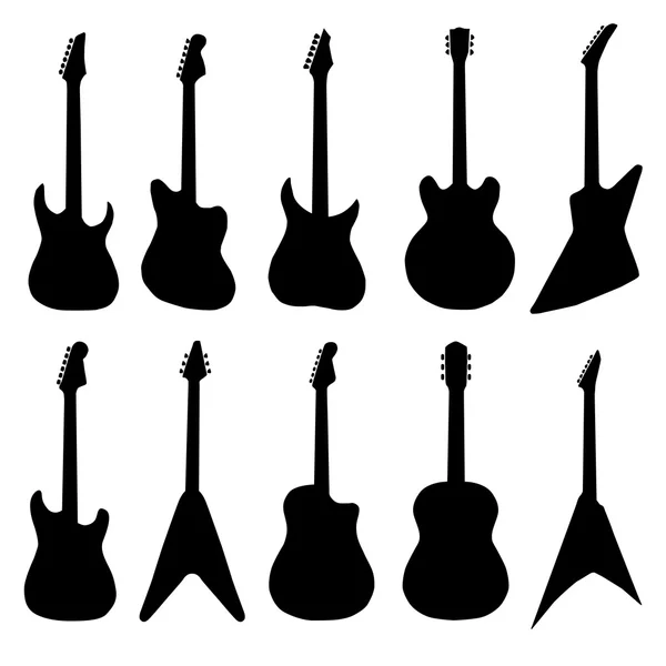 Big set of acoustic guitars and electric guitars. — Stock Vector