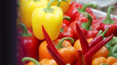 Parlak renkli tatlı biberler tezgahta, tahta bir kutunun içinde..