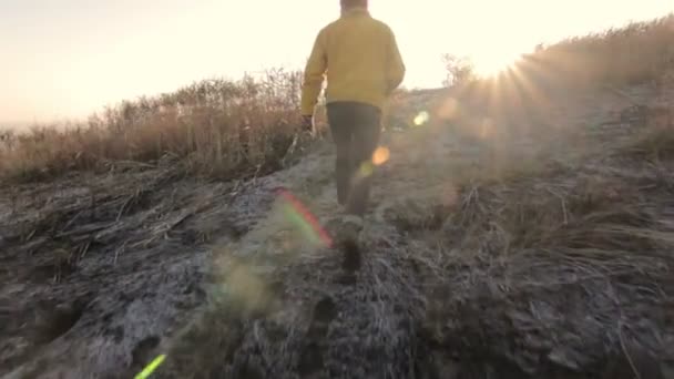 Mann läuft auf einem Feld — Stockvideo