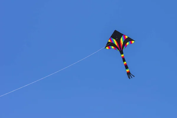 Een Regenboog Kleuren Vlieger Delta Vorm Vliegend Blauwe Lucht — Stockfoto