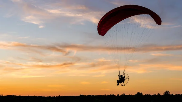 Hajtóműves Siklóernyős Pilóta Sziluett Háttal Felszerelt Motorral Paramotorral Naplementekor — Stock Fotó