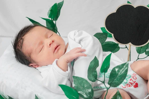 Beautiful newborn baby (4 days old), sleeping in bamboo fiber basket and surrounded by green leaves. with space for advertising text in black cloud shape,