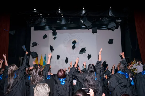 Young Students Celebrating Graduation Ceremony Throwing Cap Air Celebration Graduates — Stock Photo, Image