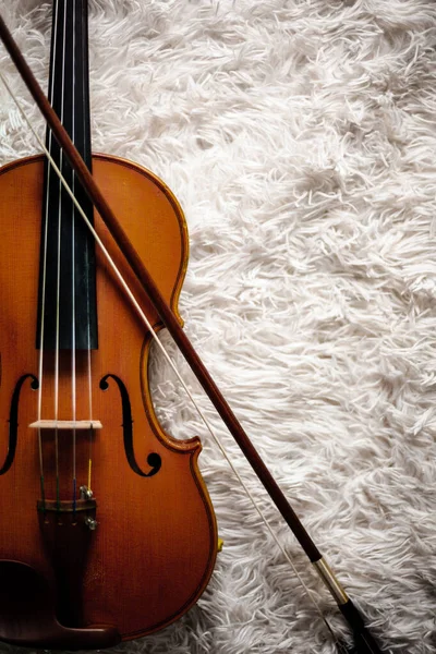 cropped violin and bow on fluffy white carpet background