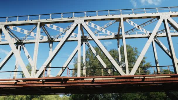 Freight train speeds along the railway bridge — Stock Video