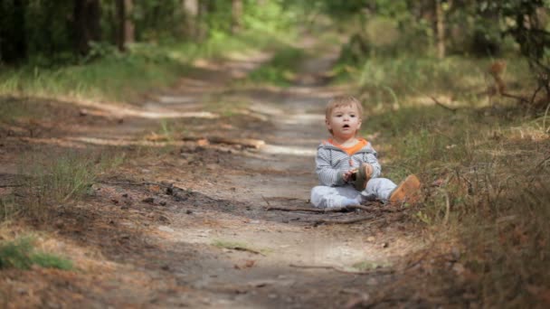 Baby alleen in het bos — Stockvideo