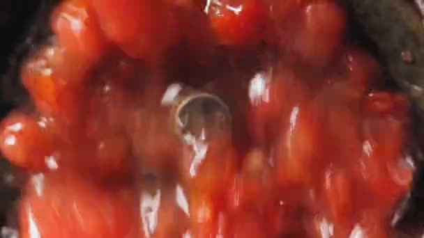 Exprimir el jugo de tomate. Tomates rojos . — Vídeo de stock