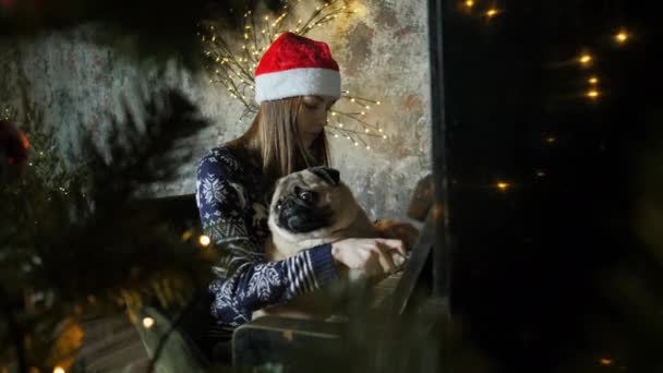 十代の女の子遊びますクリスマス曲でザピアノ一緒に面白いですpug犬,新しい年の気分 — ストック動画