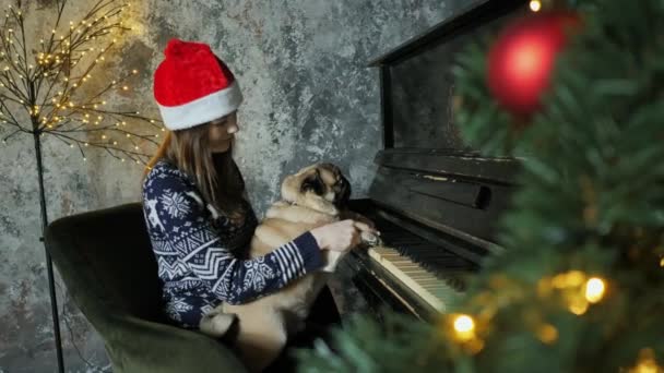 Adolescente jouant une chanson de Noël sur le piano avec un chien chiot drôle, humeur nouvelle année — Video