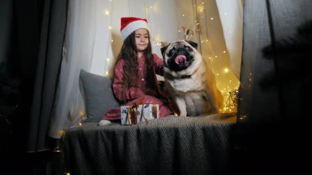 Liten söt flicka i en jultomte hatt, väntar på jul med sin roliga pug hund, sitter på fönsterbrädan — Stockvideo