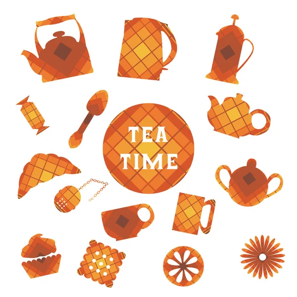 Набор из 16 икон. Пора пить чай. В квадрате — стоковый вектор