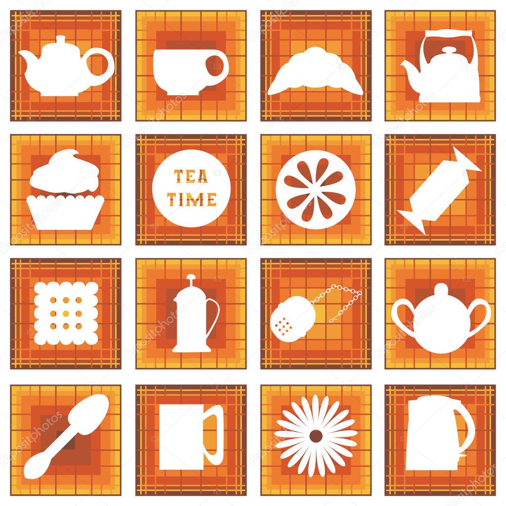 Set of 16 icons. Tea time. In square