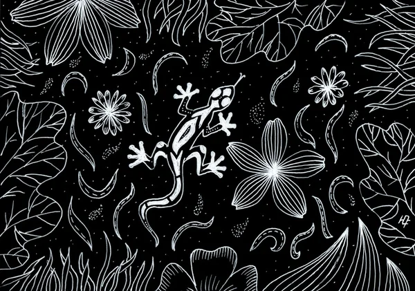 Ruční kreslení obrázku. Ještěrka v trávě a květiny — Stock fotografie