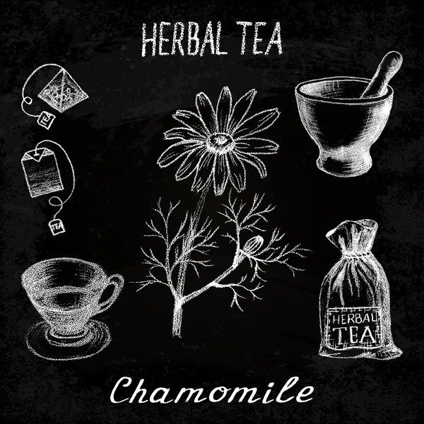 Té de manzanilla. Conjunto de elementos vectoriales de pizarra — Archivo Imágenes Vectoriales