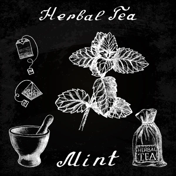 Herbal tea, mint, mortar and pestle, bag, tea bag. Chalk board. Botanical drawing. — Stock Vector