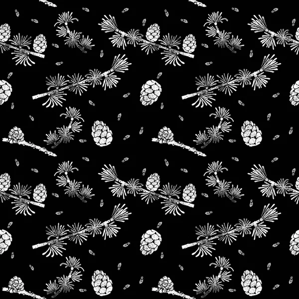 Wzór modrzewia. Larix decidua oddział, stożek. Ręcznie rysowana kreda ilustracja botaniczna. — Zdjęcie stockowe