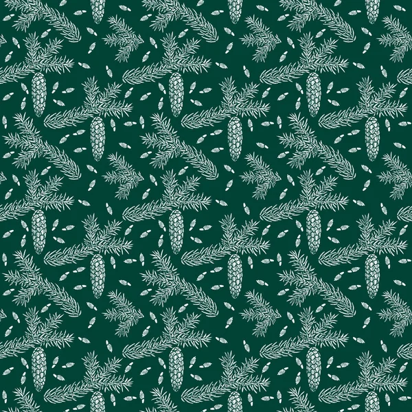 Spruce seamless pattern isolated on green. Picea branch, cone, seed. — Stock fotografie