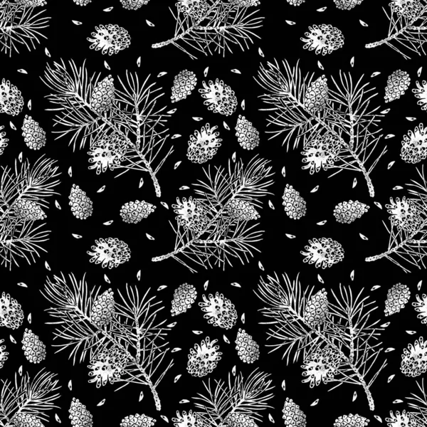 Pine naadloos patroon geïsoleerd op zwart. Pinus sylvestris tak, kegel, zaad. — Stockfoto