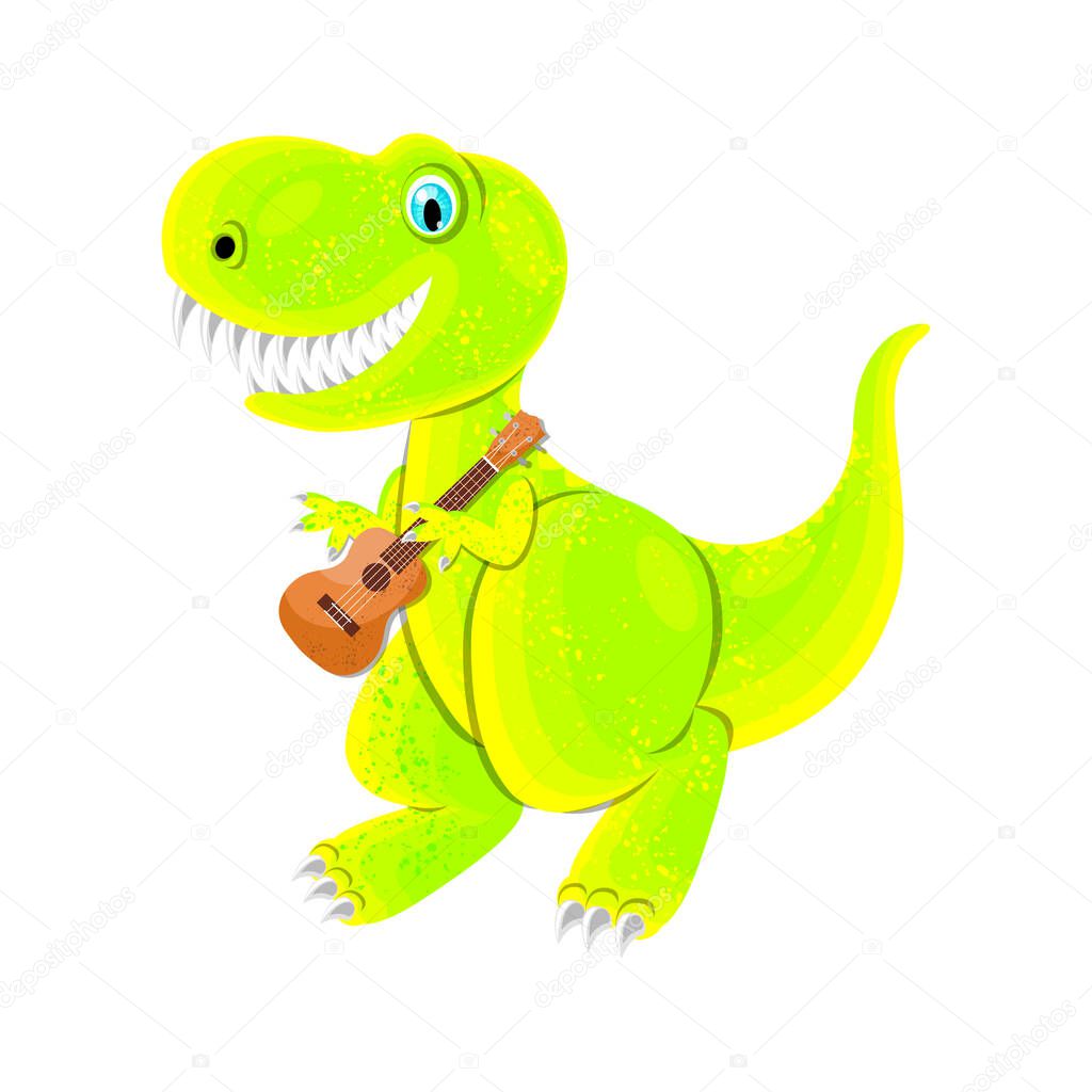 Dinosaur Playing Ukulele. Isolated on white. Vector illustration, flat style.