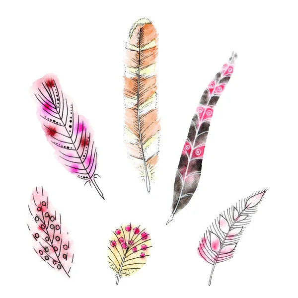 Set of six watercolors feathers — Stock Vector