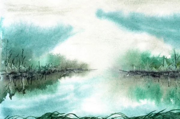 Güneş doğmadan önce suluboya manzara Gölü — Stok fotoğraf