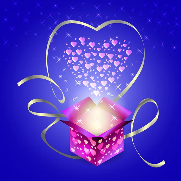 Gift box. Valentines Day. Heart, glow, stars