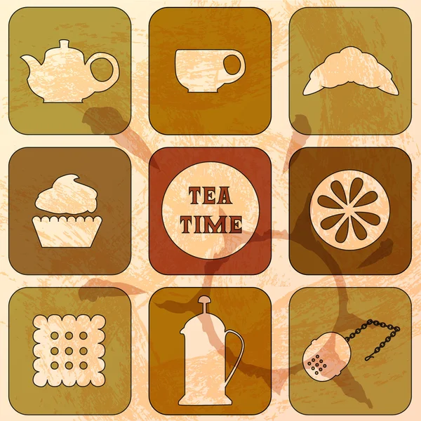 Pictogrammen Tea Time. Set van 9 iconen. Grunge achtergrond — Stockvector