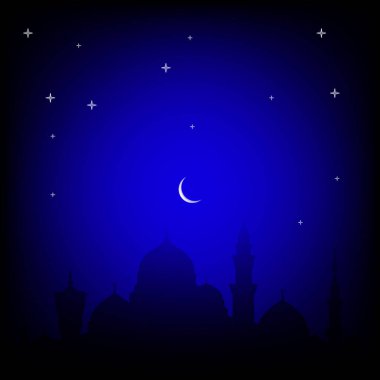 Mavi ve siyah gradyan ağ soyut arkaplanlı cami silueti tebrik kartı için güzel