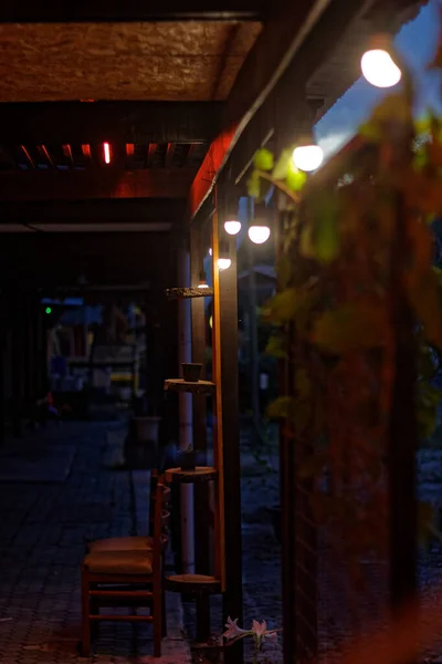 Lights in the corner of the coffee shop when night falls.