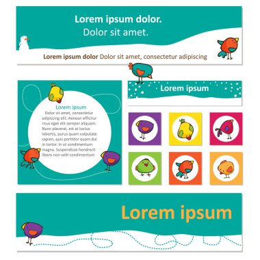 Parlak web tasarımı ile şirin kuşları için afiş kümesi