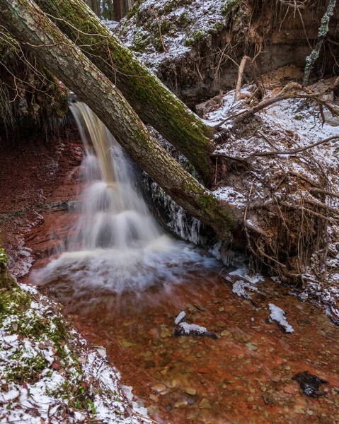 Malý Říční Vodopád Lese Tenkou Vrstvou Sněhu Zemi Zářivým Průtokem — Stock fotografie