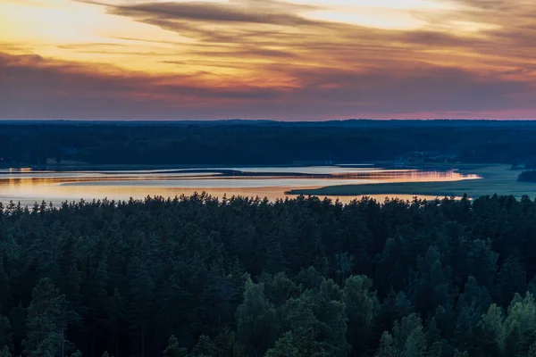 Surrounded Forest Expanses Lake Sunset Places Painted Orange Hues — Stock Photo, Image