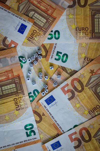 Several White Dice Euro Money Game Winnings Gambling Excites Makes — Stock Photo, Image