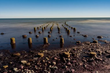 Baltık Denizi kıyılarına demir atmış eski tekneler ve üzerinde deniz kuşları geçmişteki balıkçılığın tarihi bir kanıtı olarak oturuyorlar.