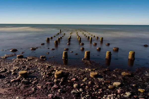 Staré Kotviště Člunech Březích Baltského Moře Nich Sedící Mořští Ptáci — Stock fotografie